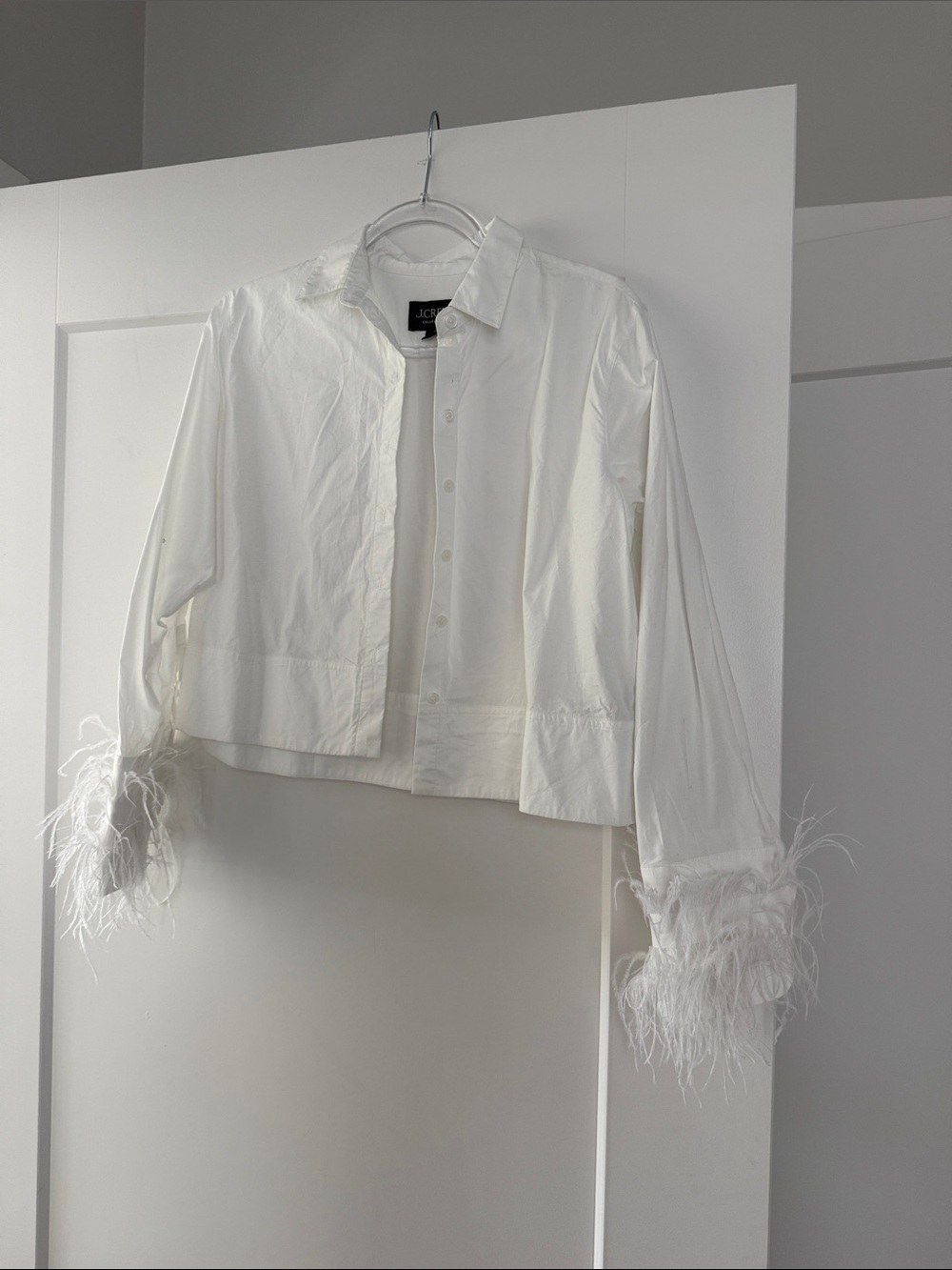 J. Crew White Feather-Cuff Cropped Button-Down Shirt